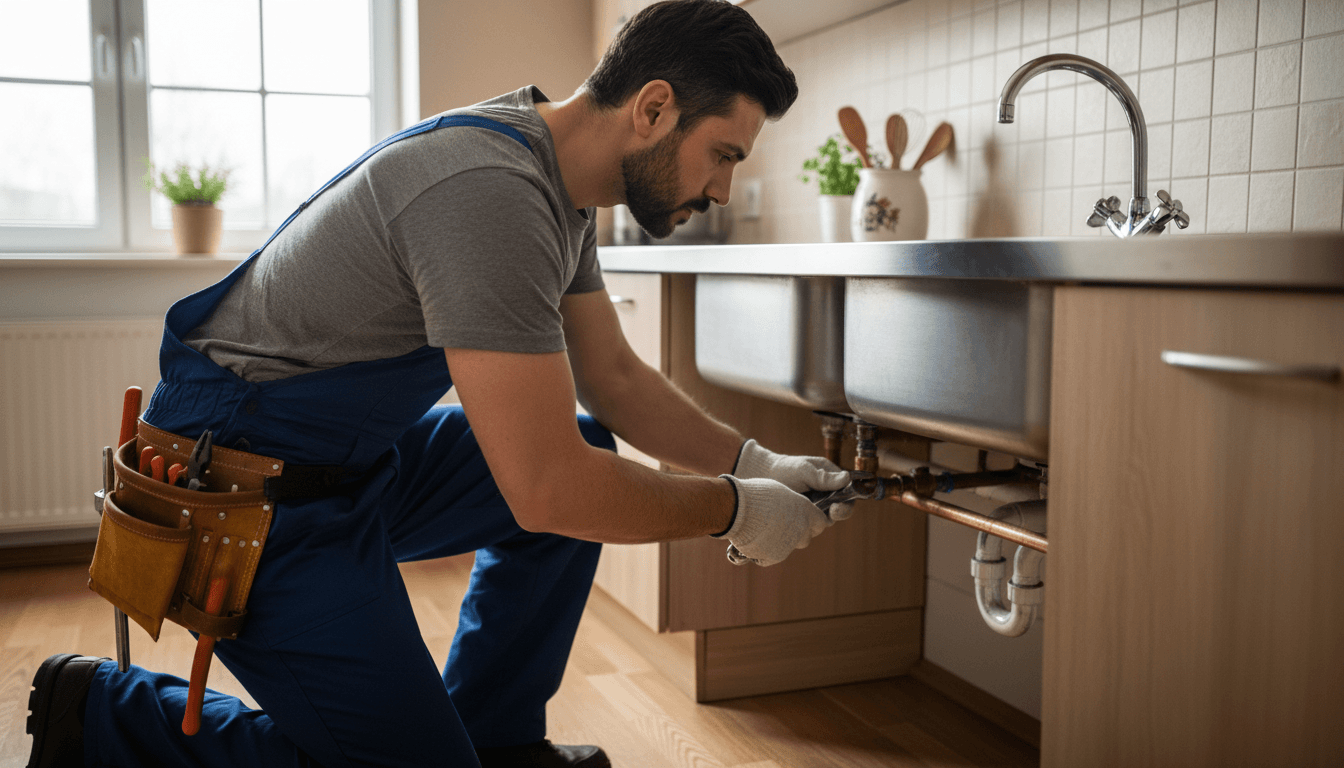 Experienced plumber inspecting residential pipework and connections