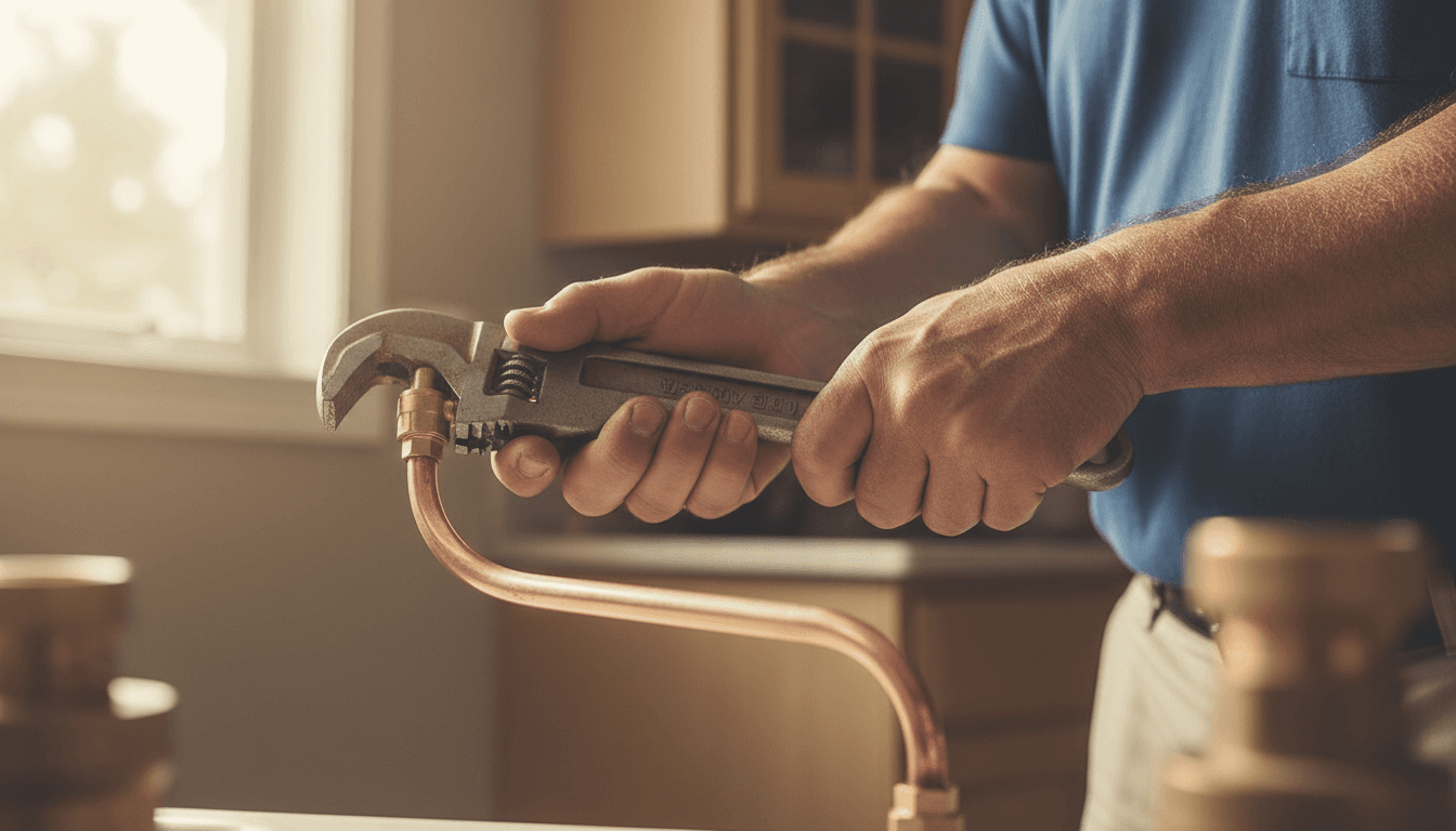 Plumber tightening a pipe fitting with a wrench