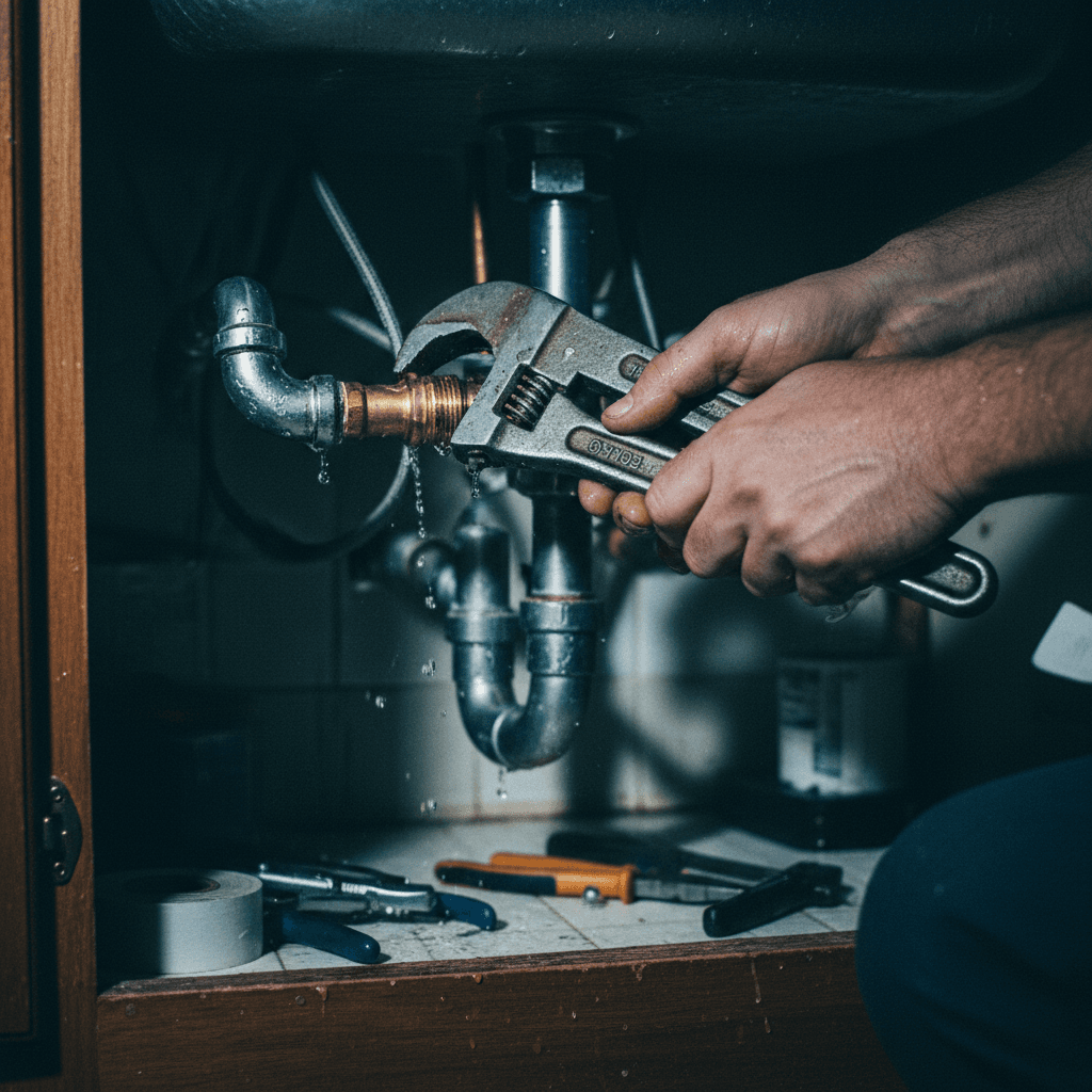 Emergency plumbing repair work on residential pipes