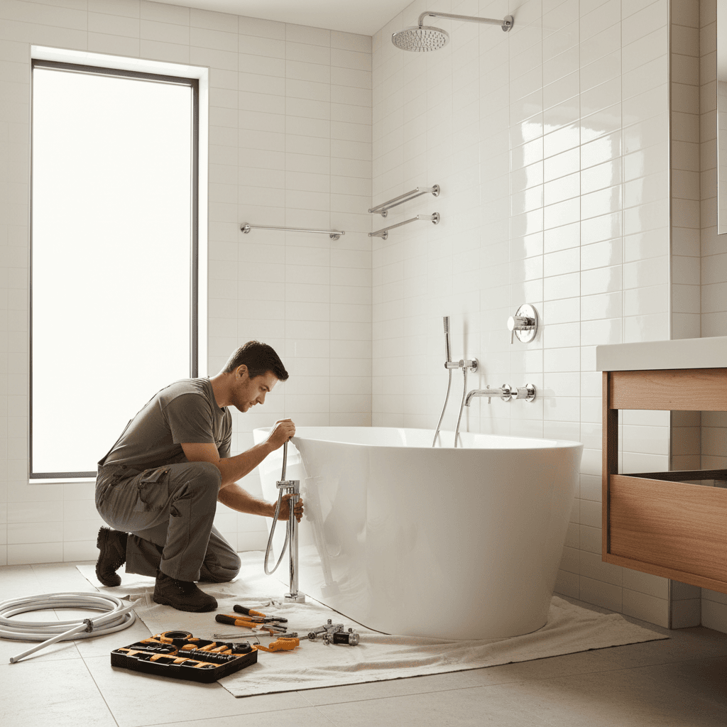 Bathroom installation with fixtures and plumbing work