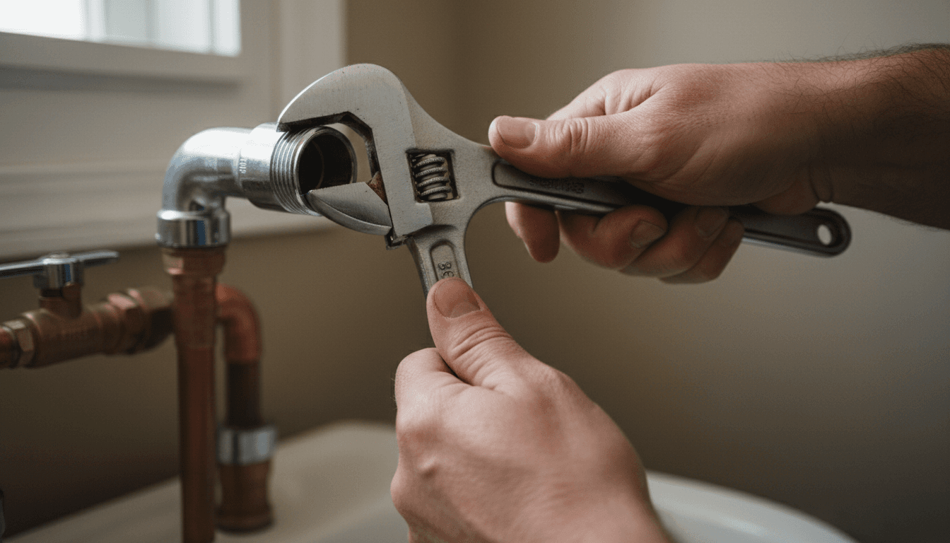 Plumber's hands working with wrench on pipe fitting